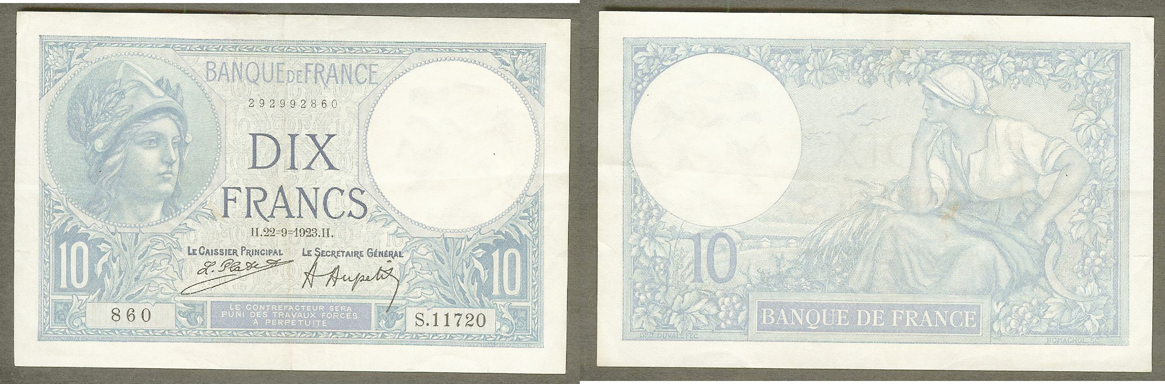 10 francs Minerve 22.9.1923 EF